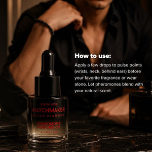 Flacon Black Diamond devant un homme en chemise noire, avec des conseils d’application à la pipette