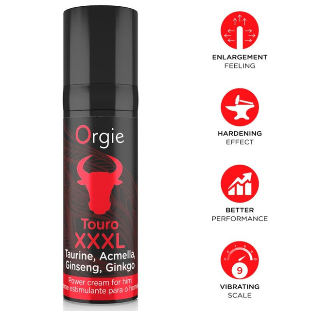 Crème Touro XXXL ORGIE 15 ml et pictogrammes de présentation