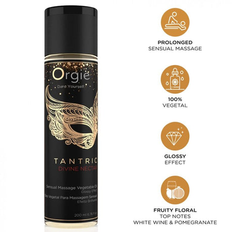 Flacon Divine Nectar ORGIE de 200 ml avec pictogrammes massage prolongé, huiles végétales, effet brillant et parfum vin blanc et grenade