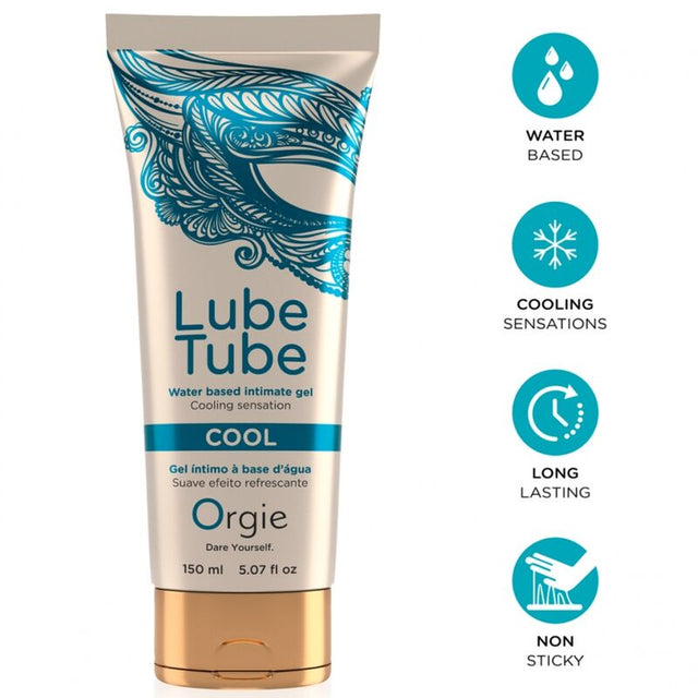 Tube Orgie Lube Tube Cool 150 ml avec pictogrammes effet frais, base eau et texture non collante