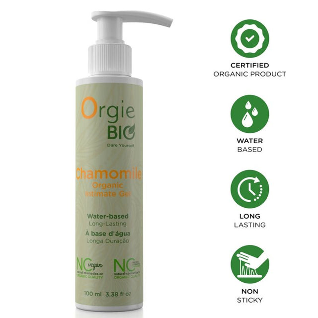 Flacon-pompe Orgie Bio Chamomile 100 ml avec pictogrammes bio, base eau et texture non collante