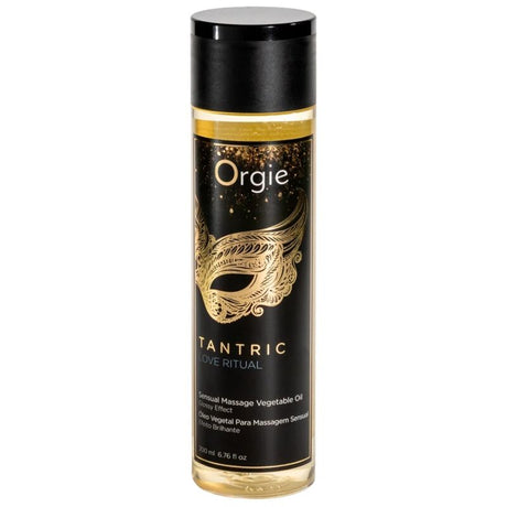 Flacon Love Ritual ORGIE de 200 ml, huile jaune avec étiquette noire et masque doré