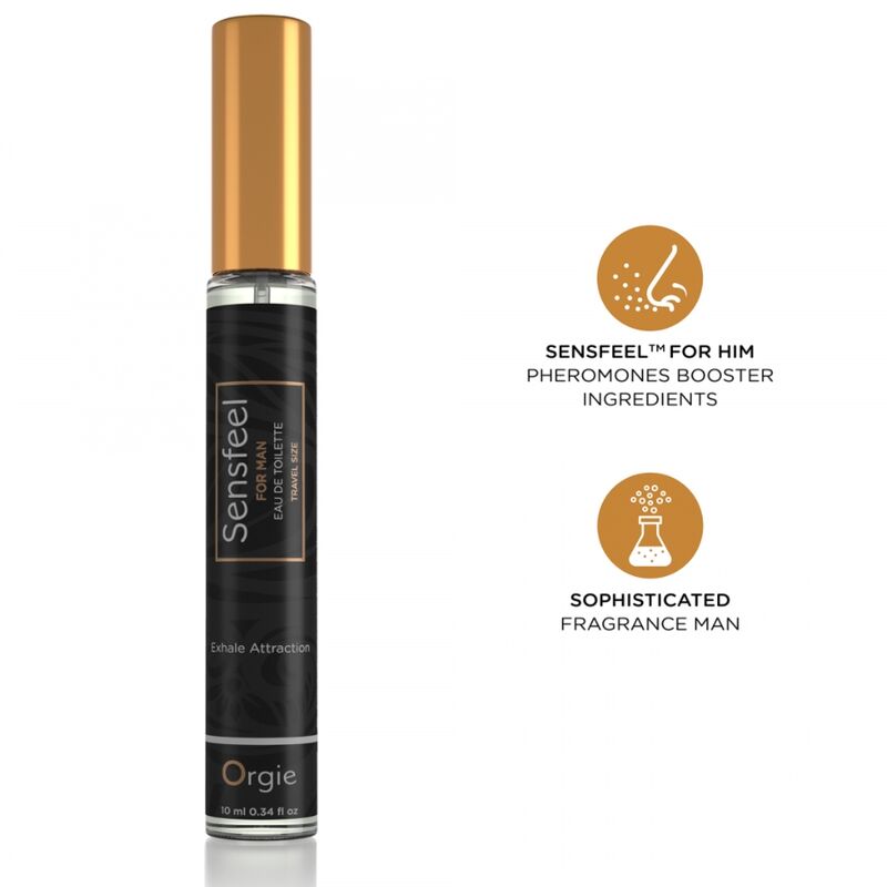 Orgie Sensfeel for Man Reisespray 10 ml mit goldfarbener Kappe und Symbolen