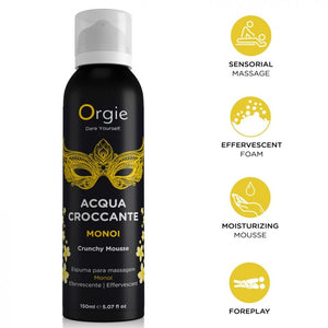 Aérosol noir et jaune Acqua Croccante Monoi 150 ml avec pictogrammes massage, mousse effervescente et hydratation