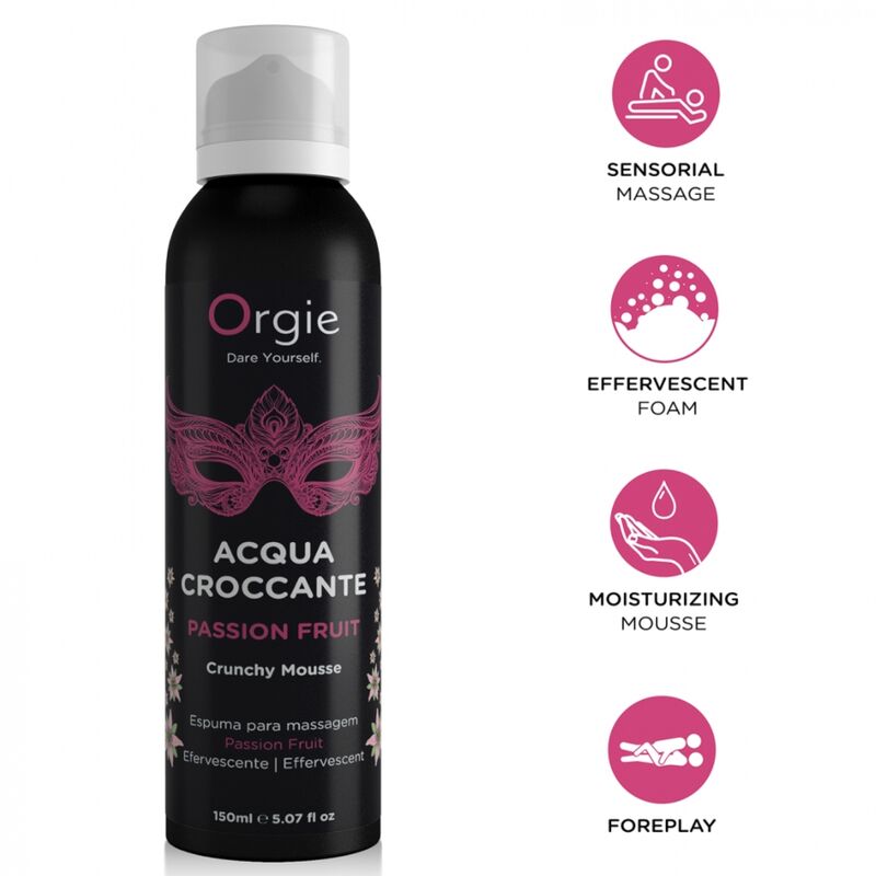 Aérosol noir et rose Acqua Croccante Passion Fruit 150 ml avec pictogrammes massage, mousse effervescente et hydratation