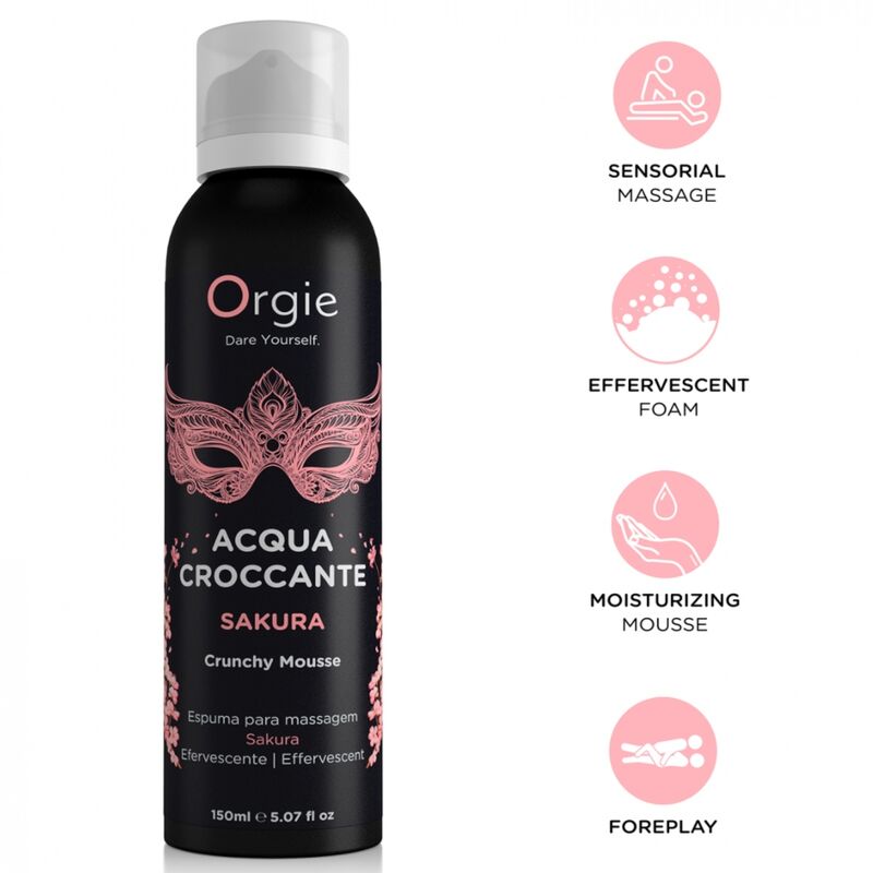 Aérosol noir Orgie Acqua Croccante Sakura 150 ml avec masque rose et pictogrammes massage