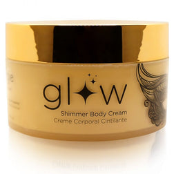 Gros plan du pot doré Glow Shimmer Body Cream et de son couvercle