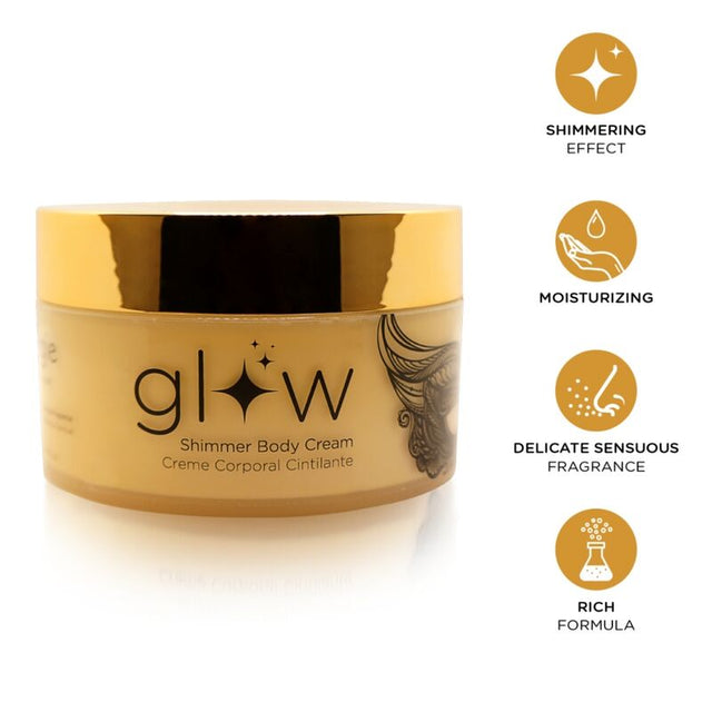 Pot doré de crème corporelle Orgie Glow 250 ml avec pictogrammes effet scintillant et hydratation
