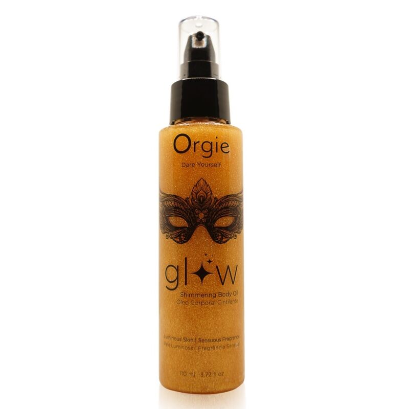 Huile corporelle dorée Glow dans son flacon spray transparent à pompe noire