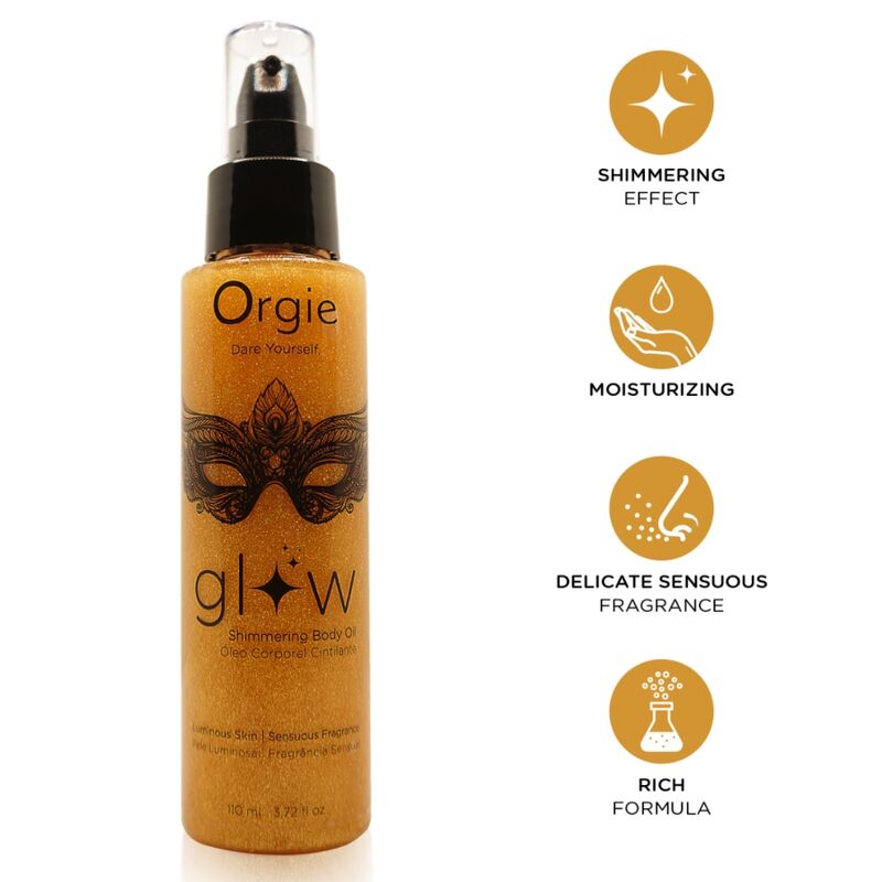 Flacon spray Orgie Glow 110 ml avec huile dorée et pictogrammes soin et effet scintillant