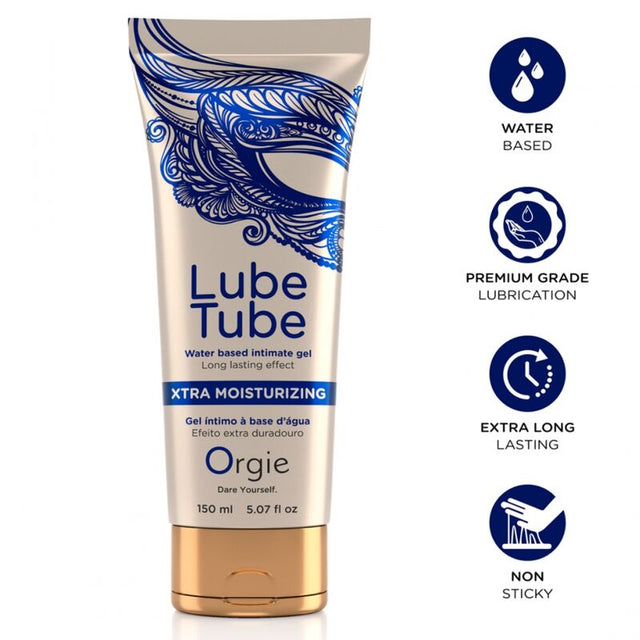 Tube crème et bleu Orgie Lube Tube Xtra Moisturizing 150 ml avec pictogrammes base eau, lubrification, extra-longue durée et non collant