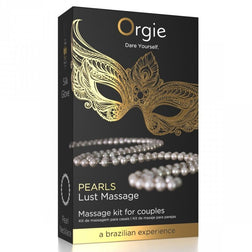 Boîte noire et dorée Pearls Lust Massage avec collier de perles illustré