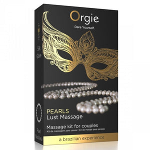 Boîte noire et dorée Pearls Lust Massage avec collier de perles illustré