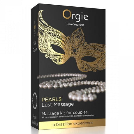Boîte noire et dorée Pearls Lust Massage avec collier de perles illustré