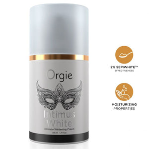 Flacon airless Orgie Intimus White 50 ml avec pictogrammes Sepiwhite 2 % et hydratation
