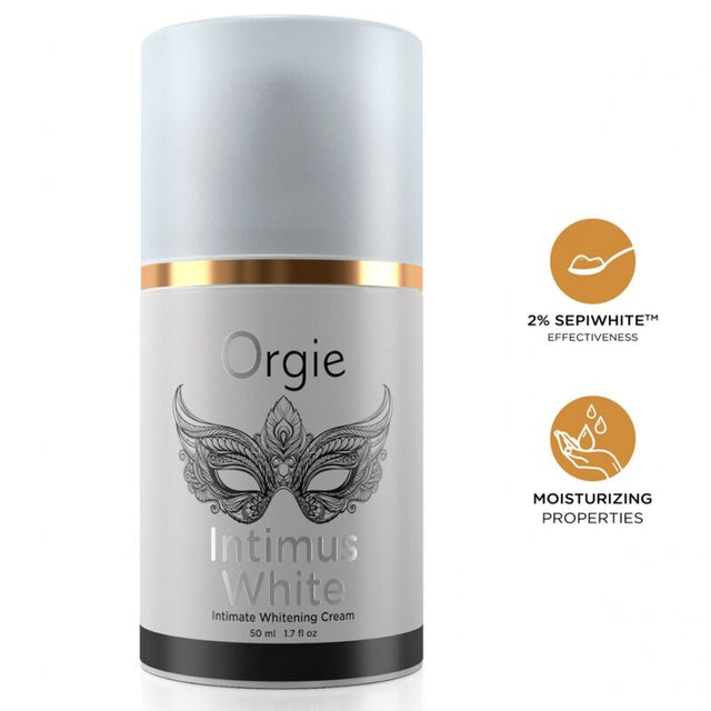 Flacon airless Orgie Intimus White 50 ml avec pictogrammes Sepiwhite 2 % et hydratation