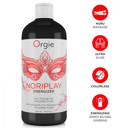Flacon NoriPlay Energizer 500 ml avec pictogrammes massage Nuru, glisse et formule énergisante