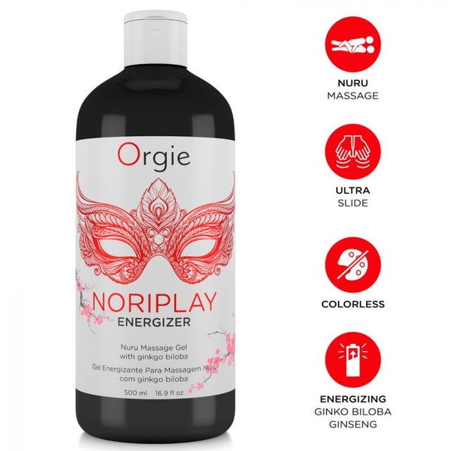 Flacon NoriPlay Energizer 500 ml avec pictogrammes massage Nuru, glisse et formule énergisante