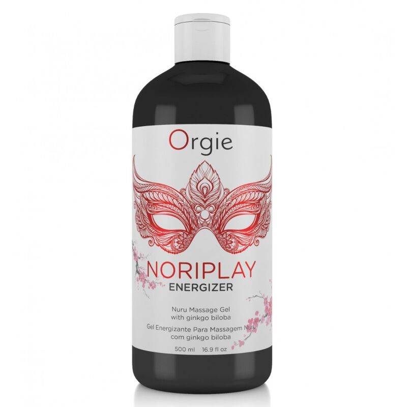 Flacon noir NoriPlay Energizer 500 ml, étiquette blanche au masque rouge