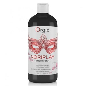 Flacon noir NoriPlay Energizer 500 ml, étiquette blanche au masque rouge