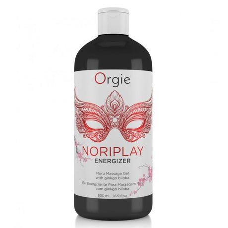 Flacon noir NoriPlay Energizer 500 ml, étiquette blanche au masque rouge