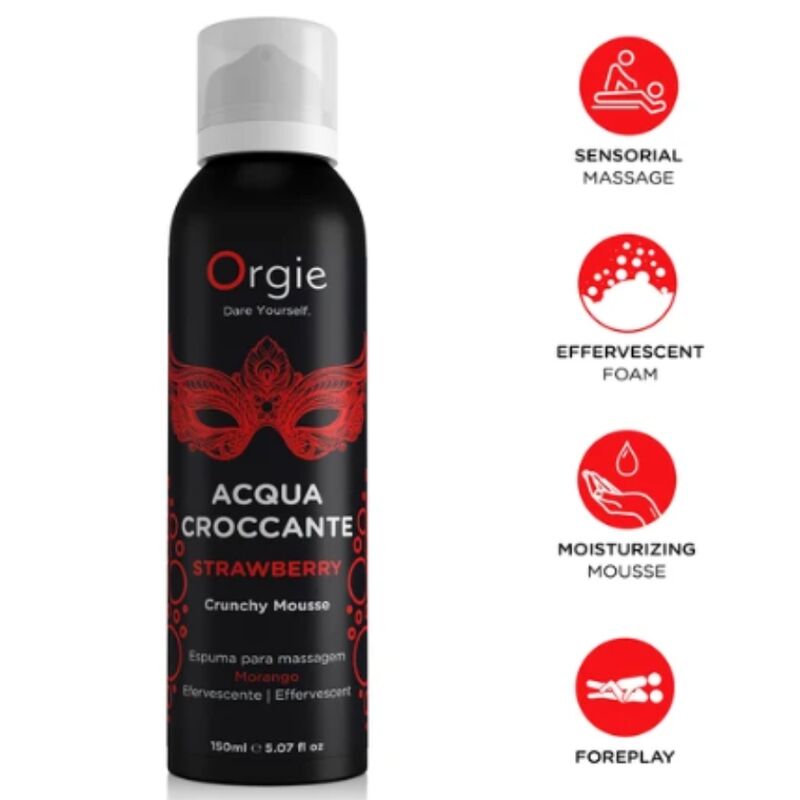 Aérosol Orgie Acqua Croccante Strawberry 150 ml avec masque rouge et pictogrammes massage