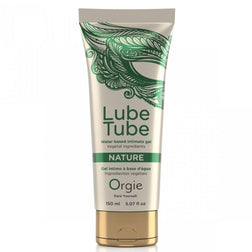 Tube Orgie Lube Tube Nature 150 ml, décor vert et bouchon doré, vu de face sur fond blanc