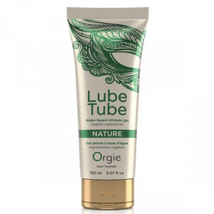 Tube Orgie Lube Tube Nature 150 ml, décor vert et bouchon doré, vu de face sur fond blanc