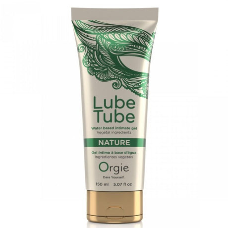Tube Orgie Lube Tube Nature 150 ml, décor vert et bouchon doré, vu de face sur fond blanc