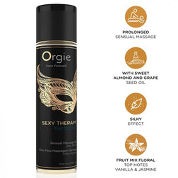 Flacon The Secret 200 ml ORGIE et pictogrammes massage prolongé, huiles végétales, effet soyeux, vanille et jasmin