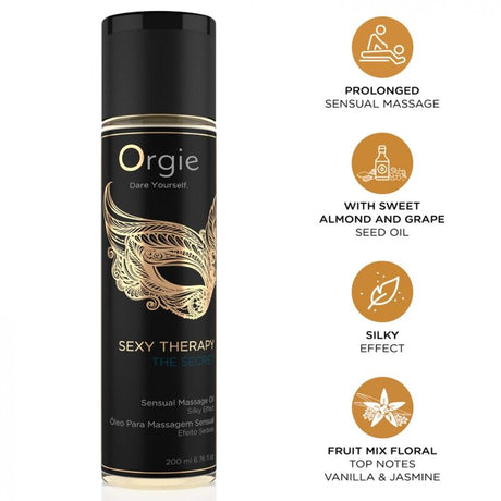 Flacon The Secret 200 ml ORGIE et pictogrammes massage prolongé, huiles végétales, effet soyeux, vanille et jasmin