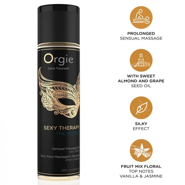 Flacon The Secret 200 ml ORGIE et pictogrammes massage prolongé, huiles végétales, effet soyeux, vanille et jasmin