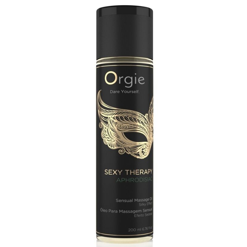 Flacon de 200 ml Sexy Therapy Aphrodisiac ORGIE avec étiquette noire et masque doré
