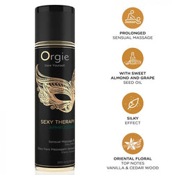 Flacon Aphrodisiac 200 ml ORGIE et pictogrammes massage prolongé, huiles végétales, effet soyeux, vanille et bois de cèdre