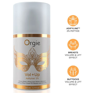 Flacon Orgie Vol+Up 50 ml et pictogrammes de son actif Adifyline 2 % et de l'effet lifting