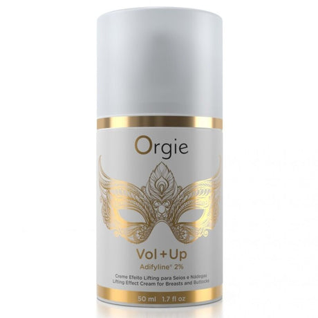 Flacone airless bianco e dorato della crema Orgie Vol+Up