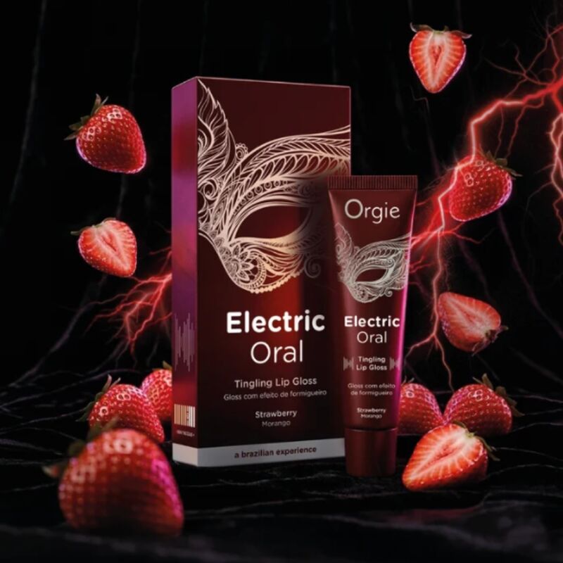 Electric Oral Strawberry avec son étui sur un décor de fraises