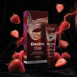 Electric Oral Strawberry avec son étui sur un décor de fraises