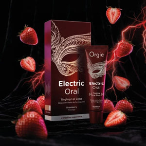 Electric Oral Strawberry avec son étui sur un décor de fraises