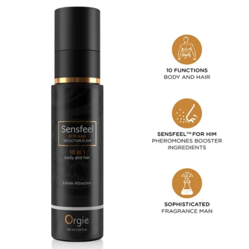 Spray noir Orgie Sensfeel Seduction Elixir 100 ml avec pictogrammes soin corps et cheveux