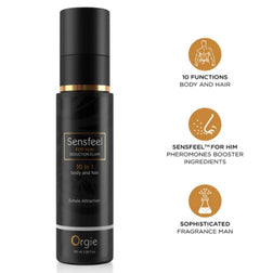 Spray noir Orgie Sensfeel Seduction Elixir 100 ml avec pictogrammes soin corps et cheveux
