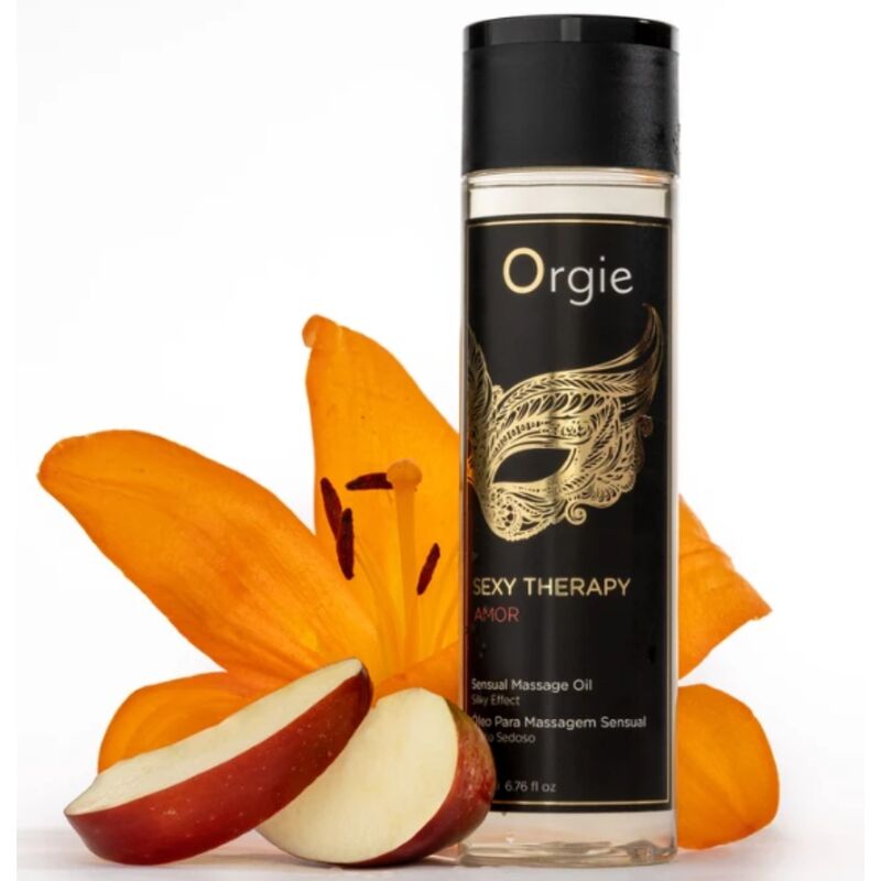 Flacon Sexy Therapy Amor ORGIE mis en scène avec une fleur orange et des quartiers de pomme