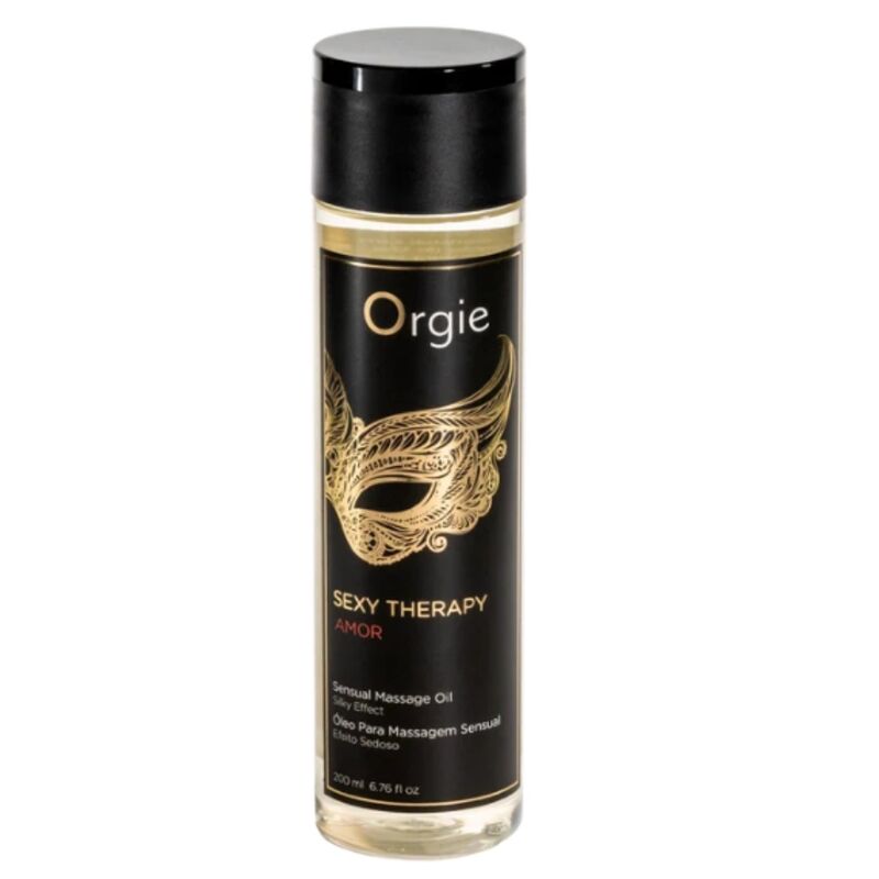 Flacon de 200 ml Sexy Therapy Amor ORGIE avec étiquette noire et masque doré