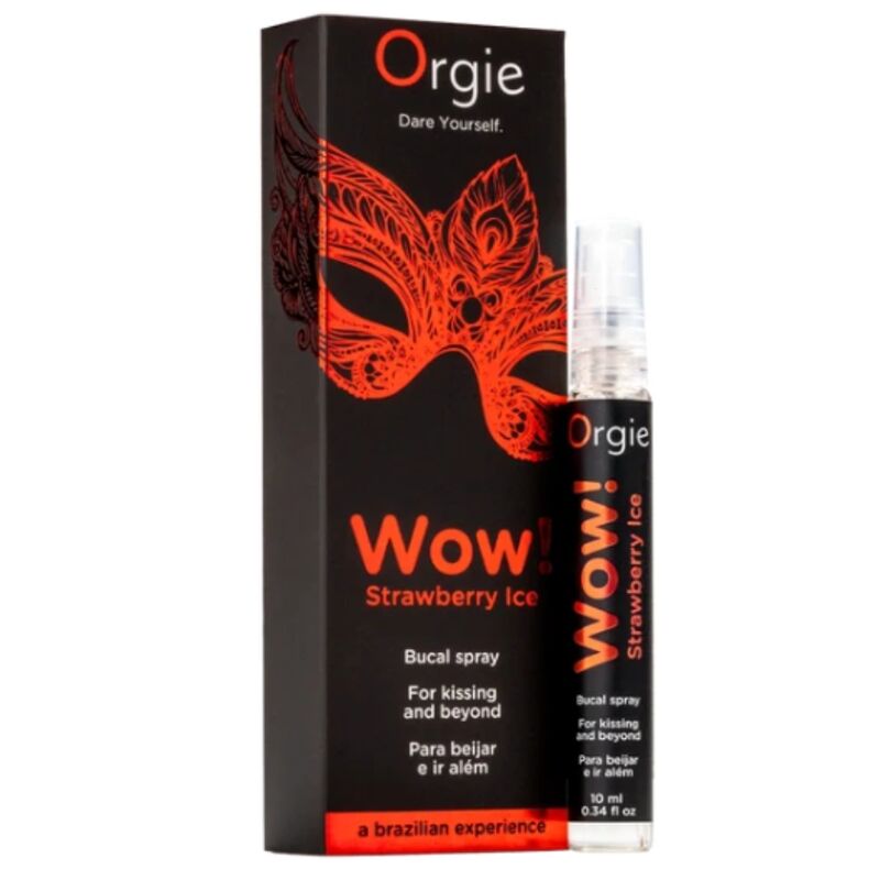 Flacon Wow! Strawberry Ice devant son étui noir et rouge Orgie