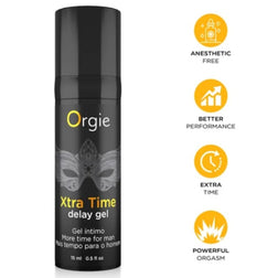 Flacon noir Xtra Time Delay Gel 15 ml Orgie, avec pictogrammes de la formule sans anesthésiant