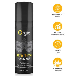 Flacon noir Xtra Time Delay Gel 15 ml Orgie, avec pictogrammes de la formule sans anesthésiant