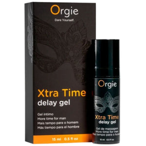 Xtra Time Delay Gel 15 ml Orgie présenté dans son flacon noir devant sa boîte noire et orange