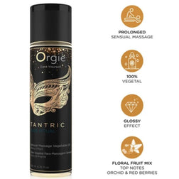 Flacon Love Ritual ORGIE de 200 ml avec pictogrammes massage prolongé, huiles végétales, effet brillant et parfum orchidée et fruits rouges