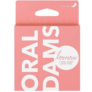 Boîte rose Loovara Oral Dams contenant trois digues buccales sans latex