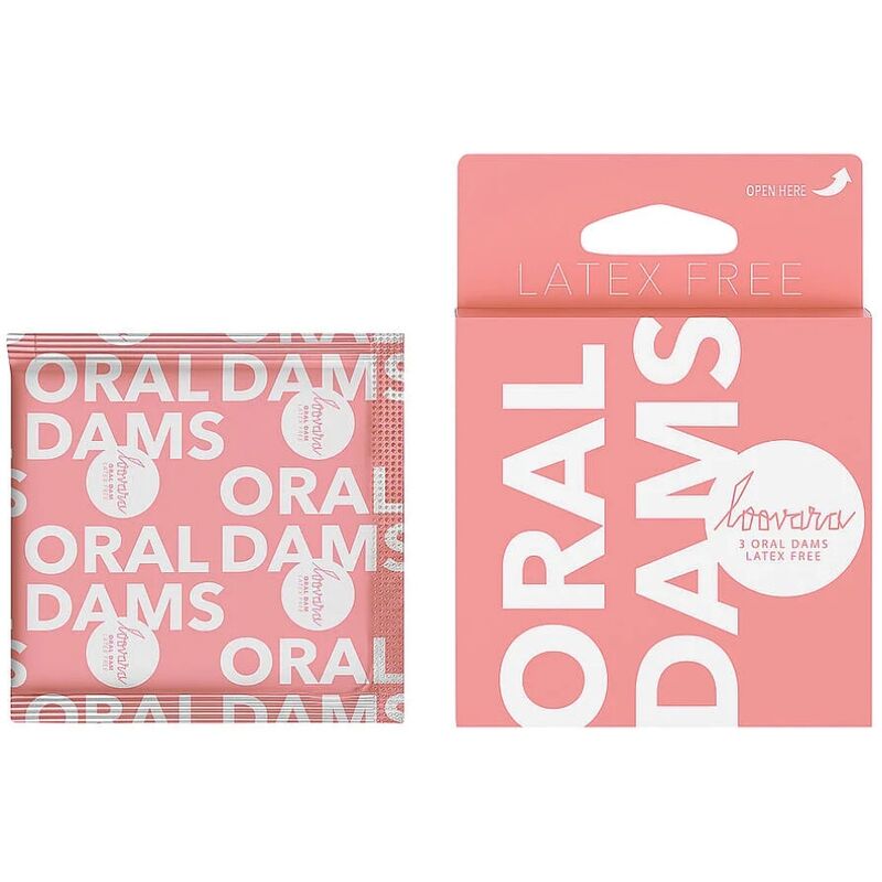 Sachet individuel Loovara Oral Dams à côté de sa boîte rose